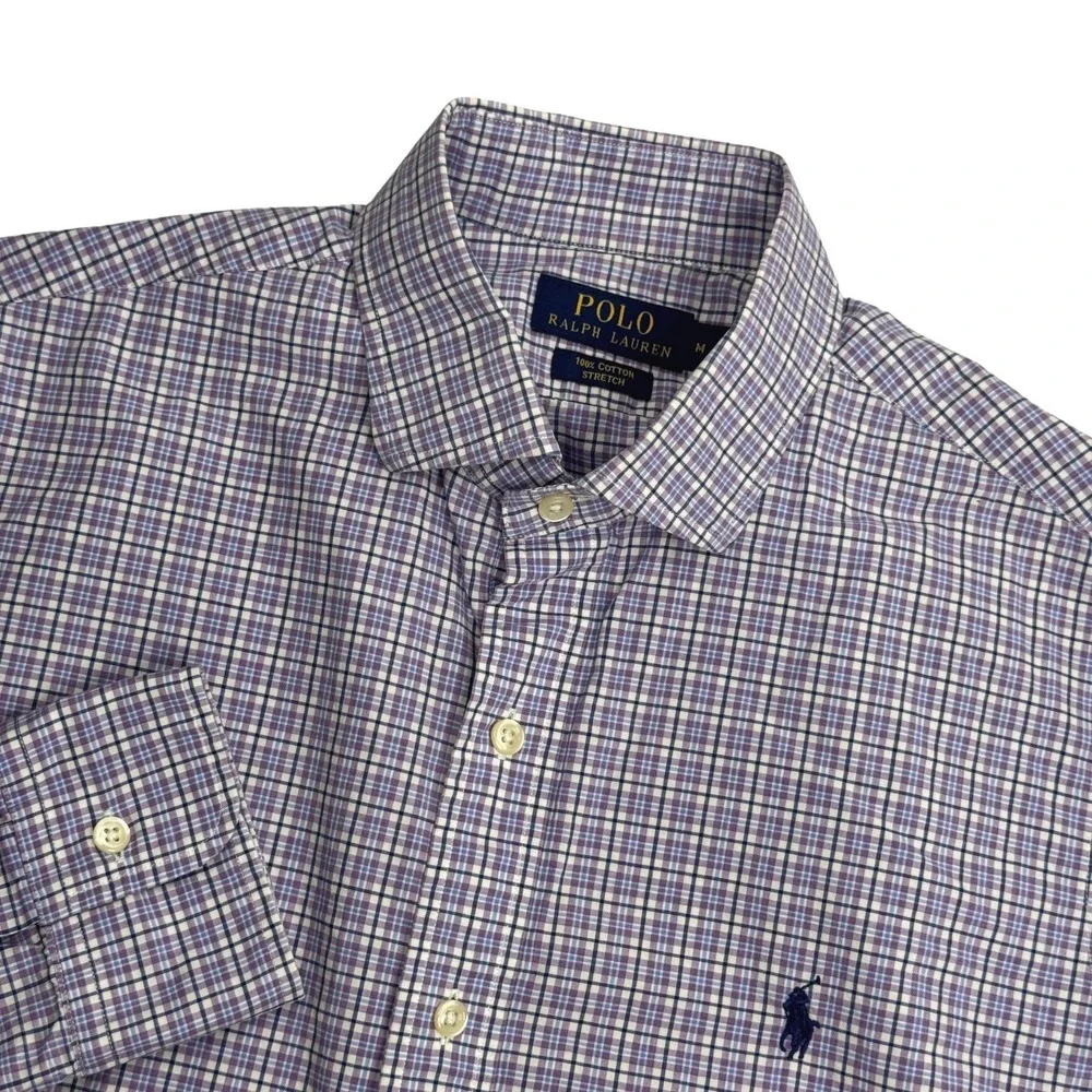 Polo Ralph‎ Lauren Mens Button Down Shirt Purple Plaid Stretch Cotton Size M